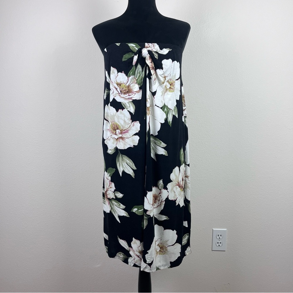 Bobeau Dress Womens Medium Strapless Mini Floral Hawaiian Tropical Stretch Black